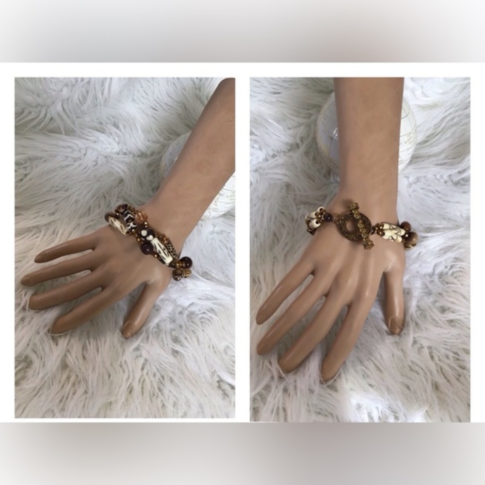 3 strands African bracelet w/glass, wood & bone beads. 10 inches